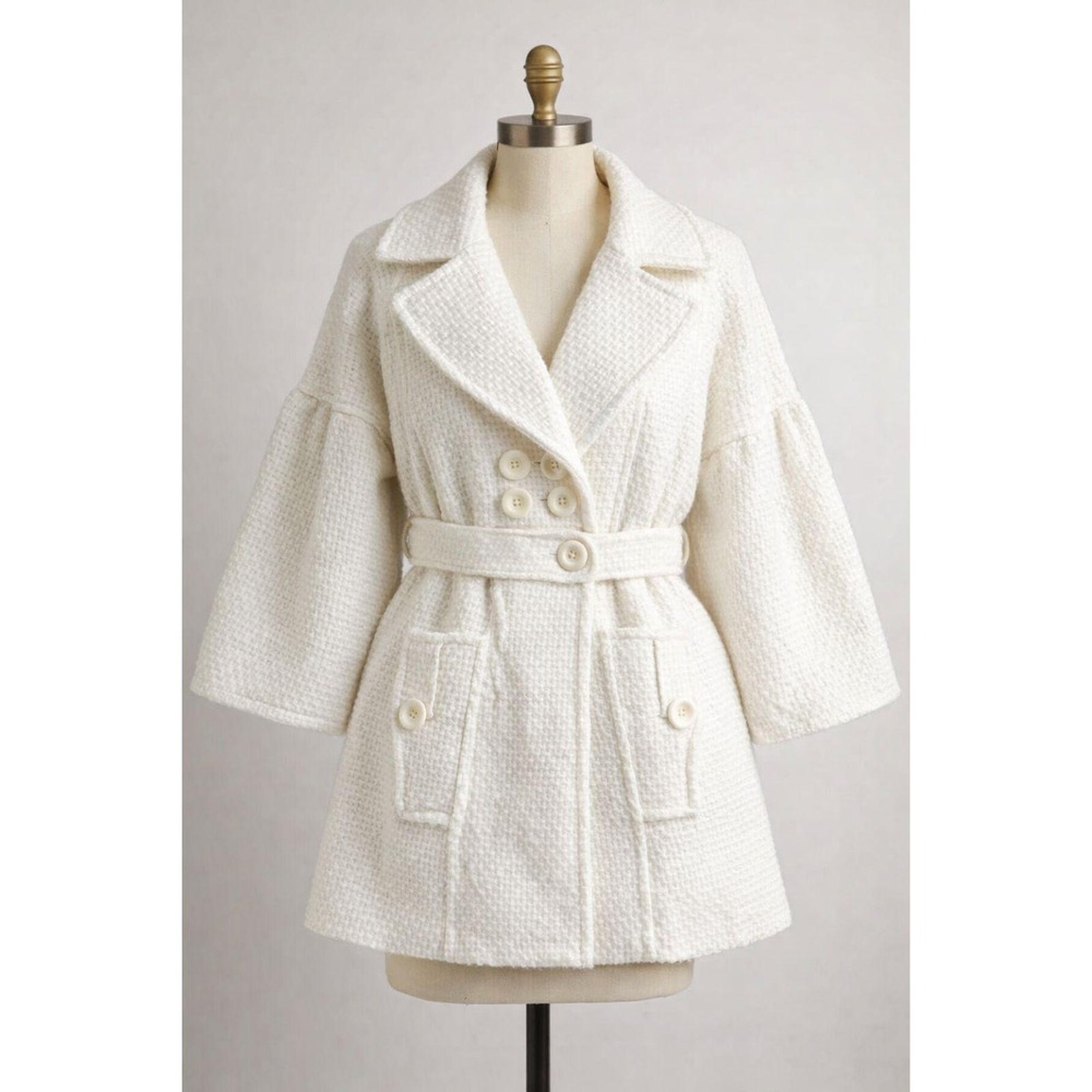 AB Studio White Textured Coat Size 12 | Belted Button Front | Parisian Chic 2026